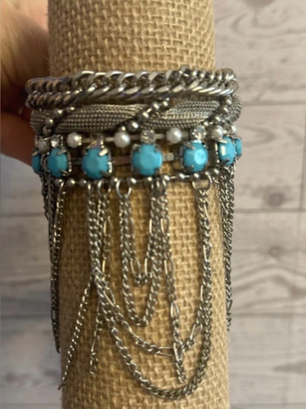 Y2K Turquoise Silver Tone Fringe Chain Statement Bracelet